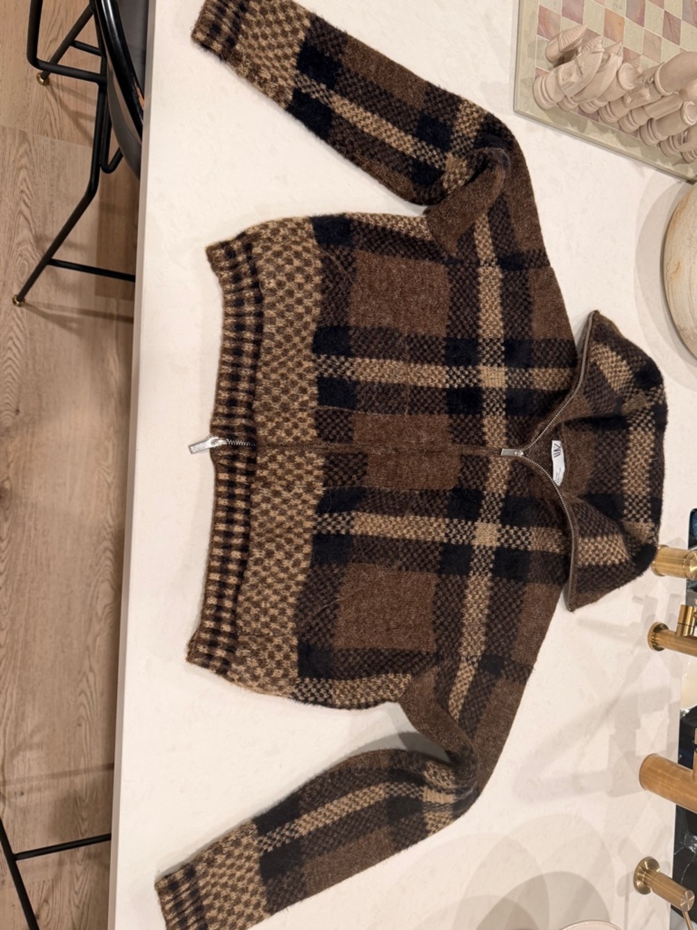 Zara Brown Plaid Knit Bomber 2-Way FULL Zip-Up Jacket - Picture 2 of 8